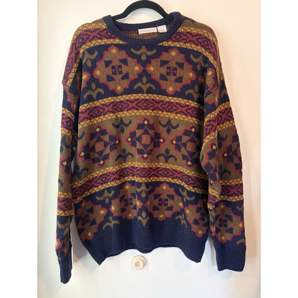 Vintage Claiborne Sweater XL‎ Geometric Aztec Knit 90s Grandpa All Over Print